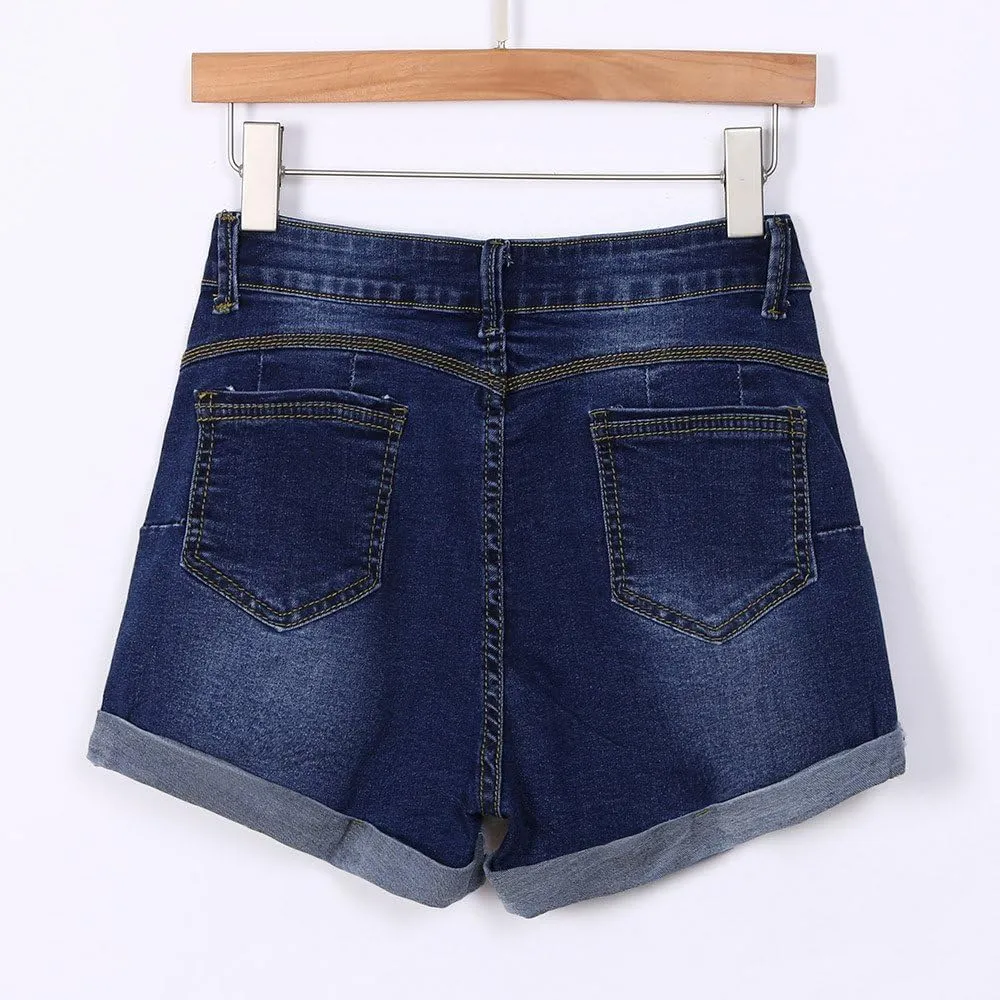 Womens Ripped Denim Shorts Mid Rise Stretchy Solid Casual Mom Jeans Shorts Rolled Up Hem Slim Shorts