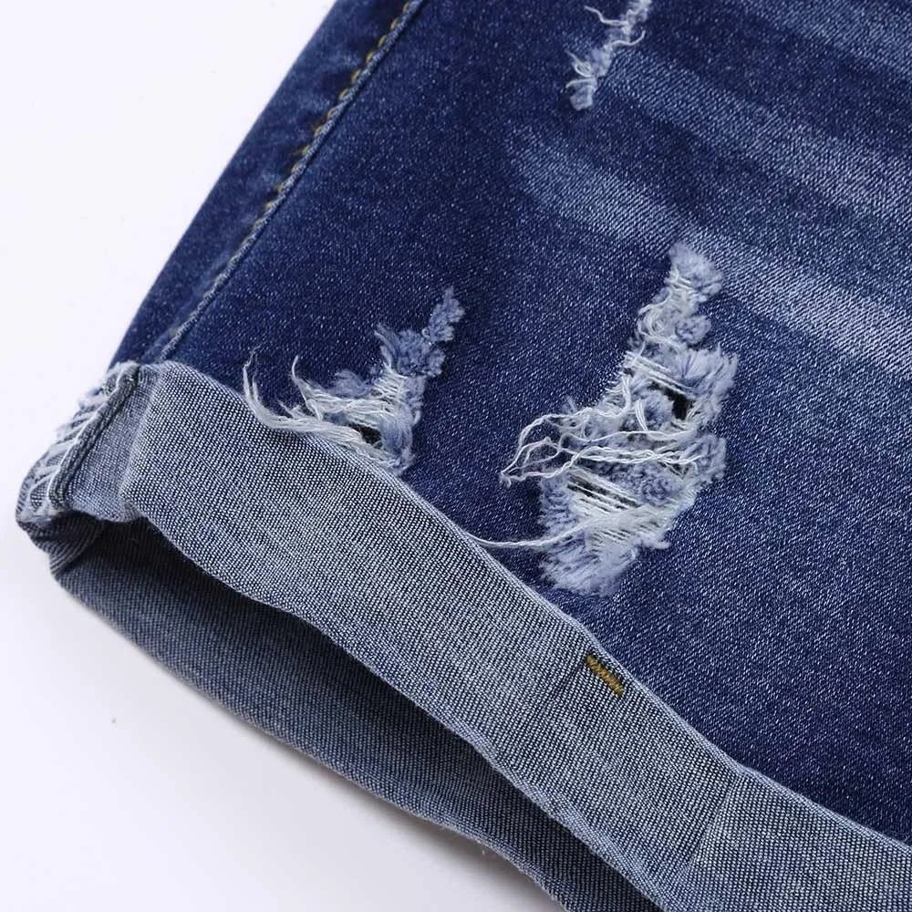 Womens Ripped Denim Shorts Mid Rise Stretchy Solid Casual Mom Jeans Shorts Rolled Up Hem Slim Shorts