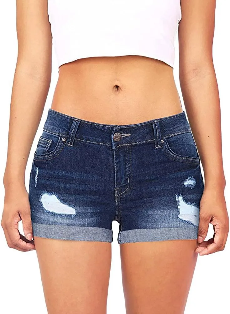 Womens Ripped Denim Shorts Mid Rise Stretchy Solid Casual Mom Jeans Shorts Rolled Up Hem Slim Shorts