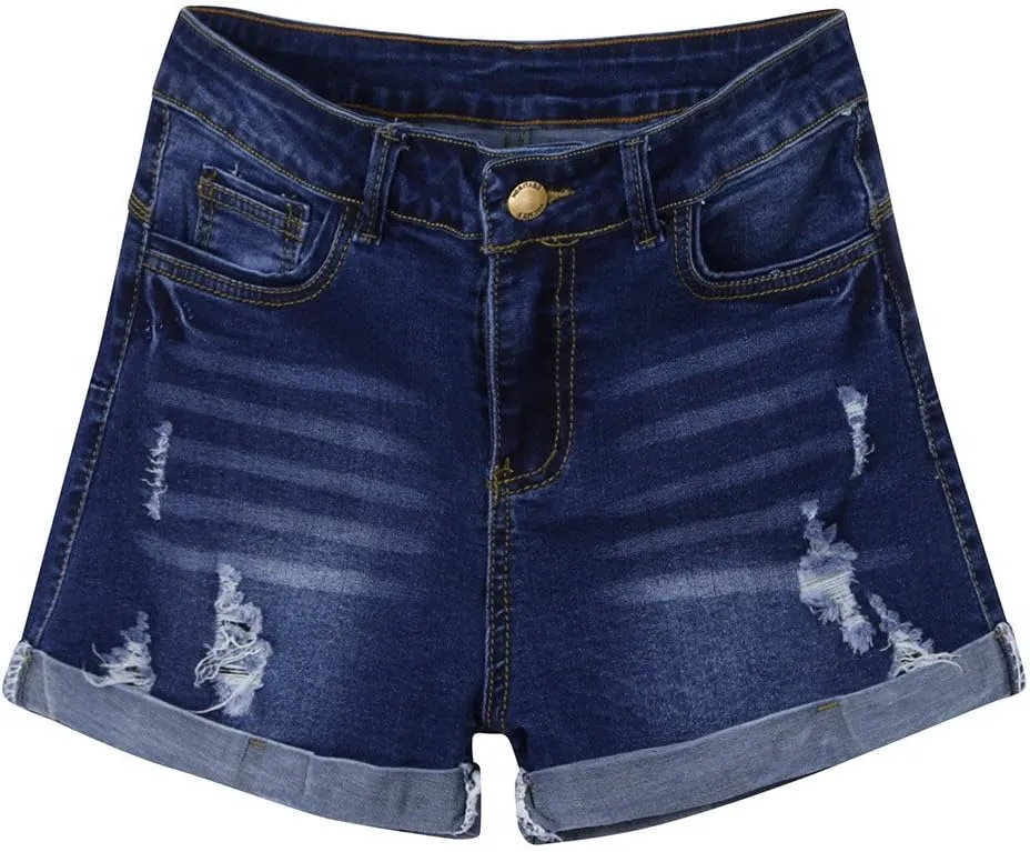 Womens Ripped Denim Shorts Mid Rise Stretchy Solid Casual Mom Jeans Shorts Rolled Up Hem Slim Shorts