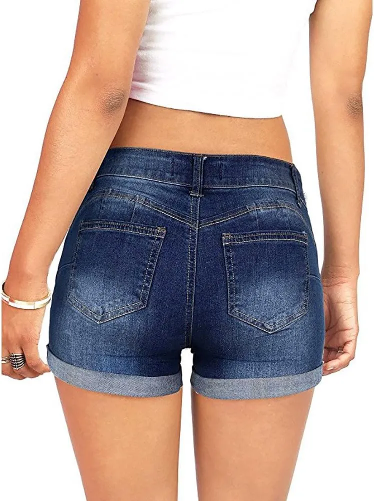 Womens Ripped Denim Shorts Mid Rise Stretchy Solid Casual Mom Jeans Shorts Rolled Up Hem Slim Shorts