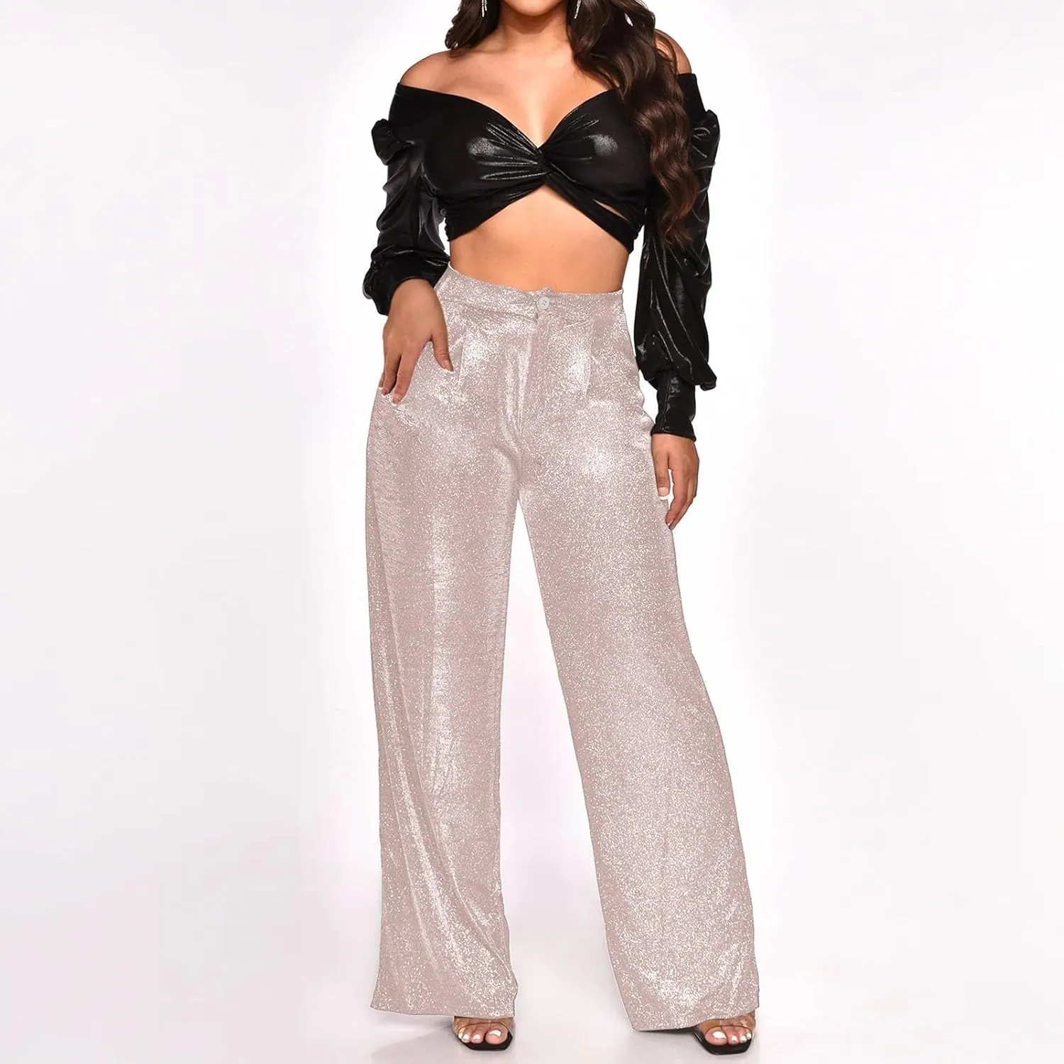 Womens Sequin Pants Fashion Wide Straight Leg High Waist Buttoned Vintage Sparkly Trousers Party Clubwear Lounge Pants