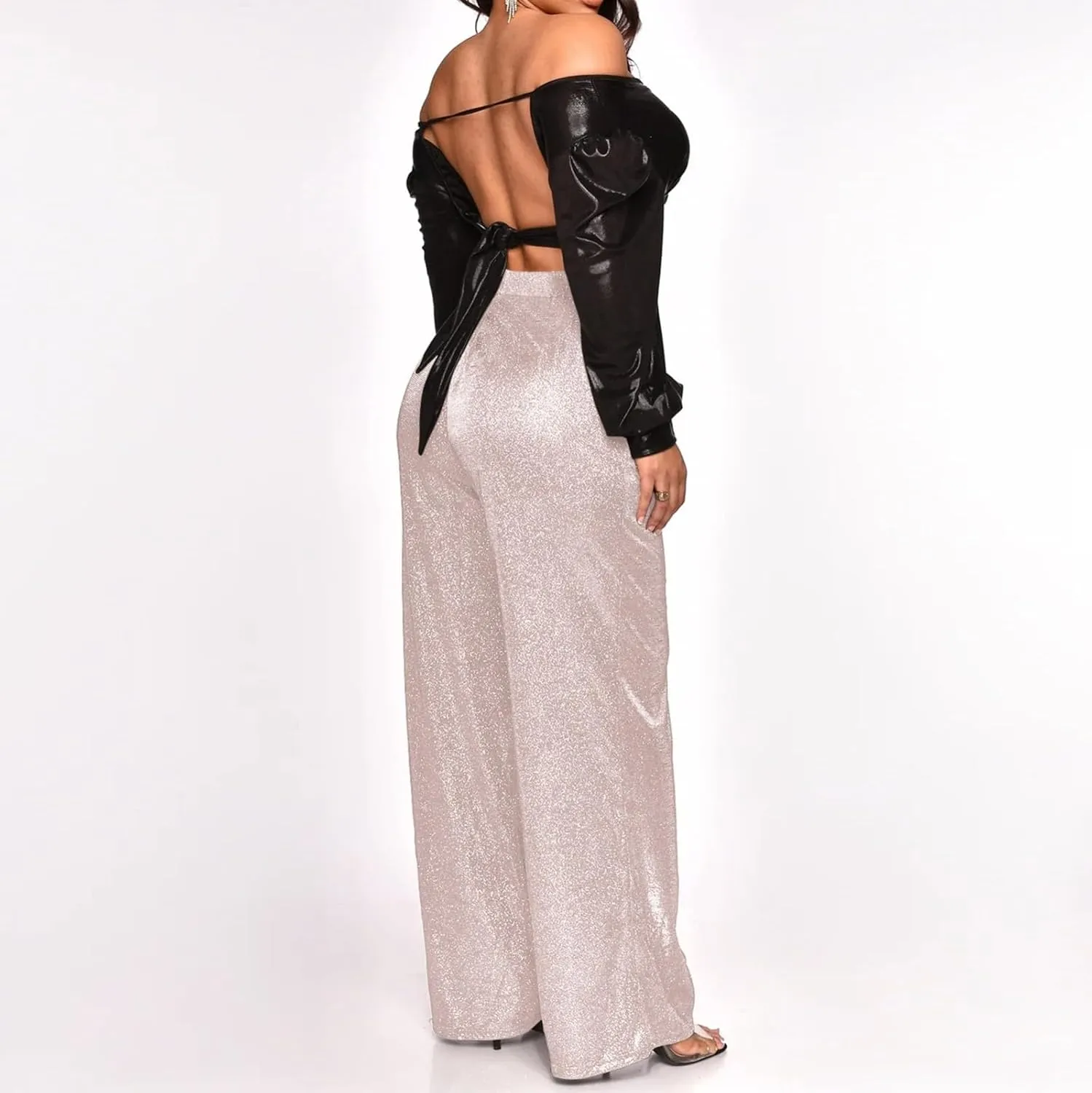 Womens Sequin Pants Fashion Wide Straight Leg High Waist Buttoned Vintage Sparkly Trousers Party Clubwear Lounge Pants