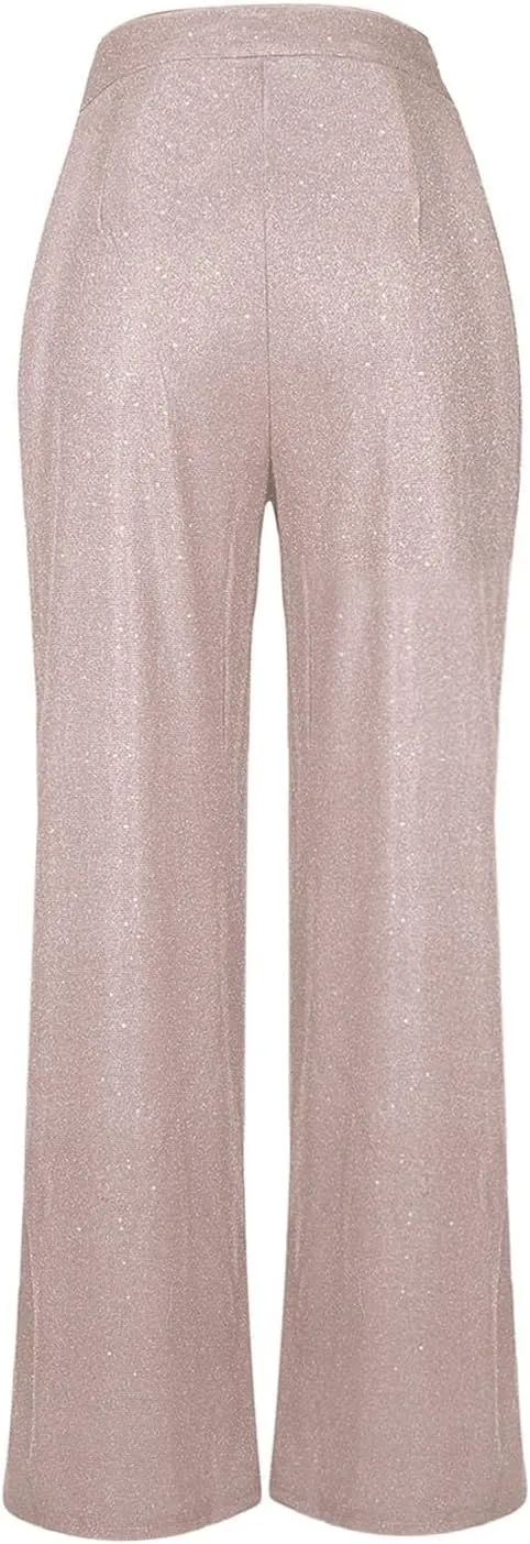 Womens Sequin Pants Fashion Wide Straight Leg High Waist Buttoned Vintage Sparkly Trousers Party Clubwear Lounge Pants