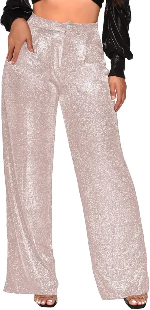 Womens Sequin Pants Fashion Wide Straight Leg High Waist Buttoned Vintage Sparkly Trousers Party Clubwear Lounge Pants