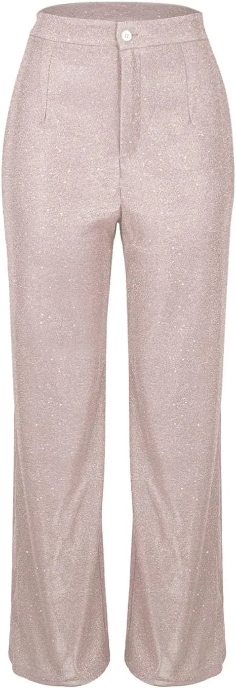 Womens Sequin Pants Fashion Wide Straight Leg High Waist Buttoned Vintage Sparkly Trousers Party Clubwear Lounge Pants
