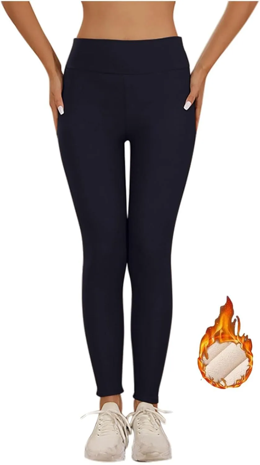Womens Sherpa Fleece Lined Pants Winter Warm Thick Leggings Stretchy High Waisted Tights Warm Thermal Pants