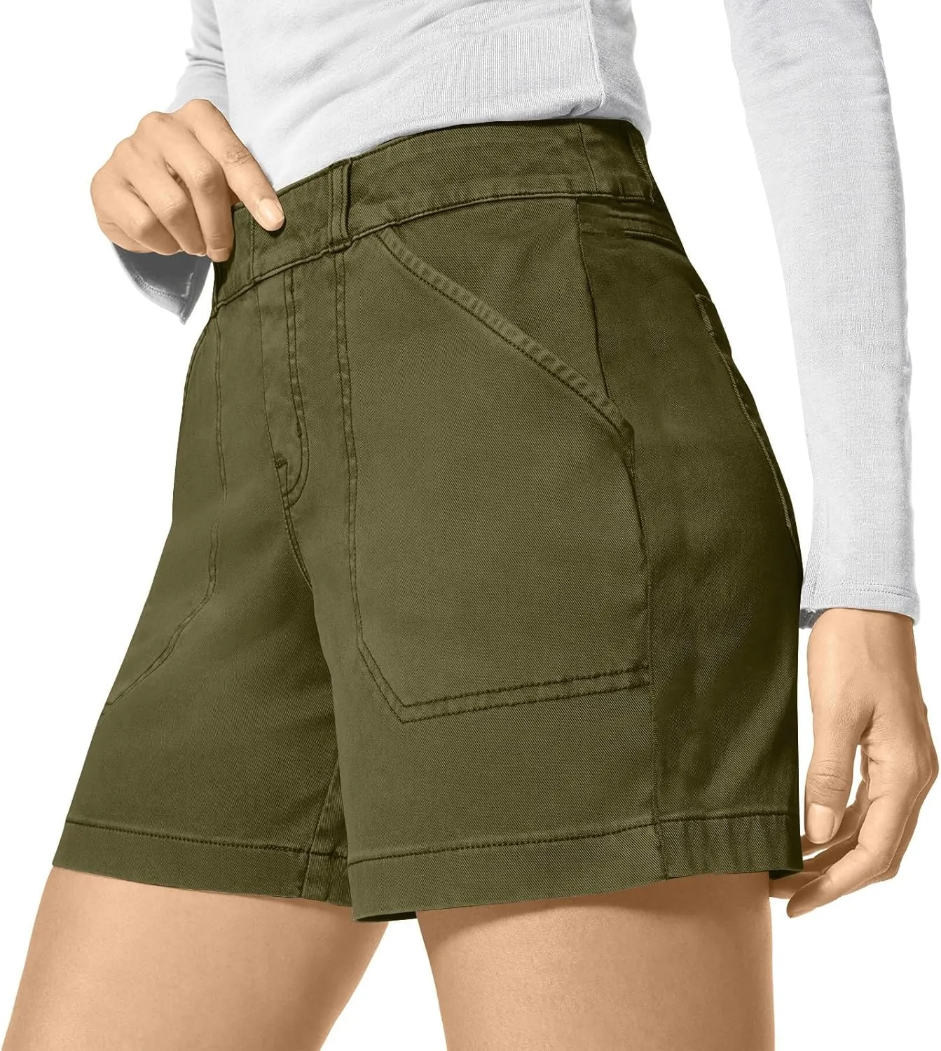 Womens Stretch Twill Shorts Summer Casual Elastic Waist Stretchy Jean Shorts Pull On Chino Denim Shorts with Pockets
