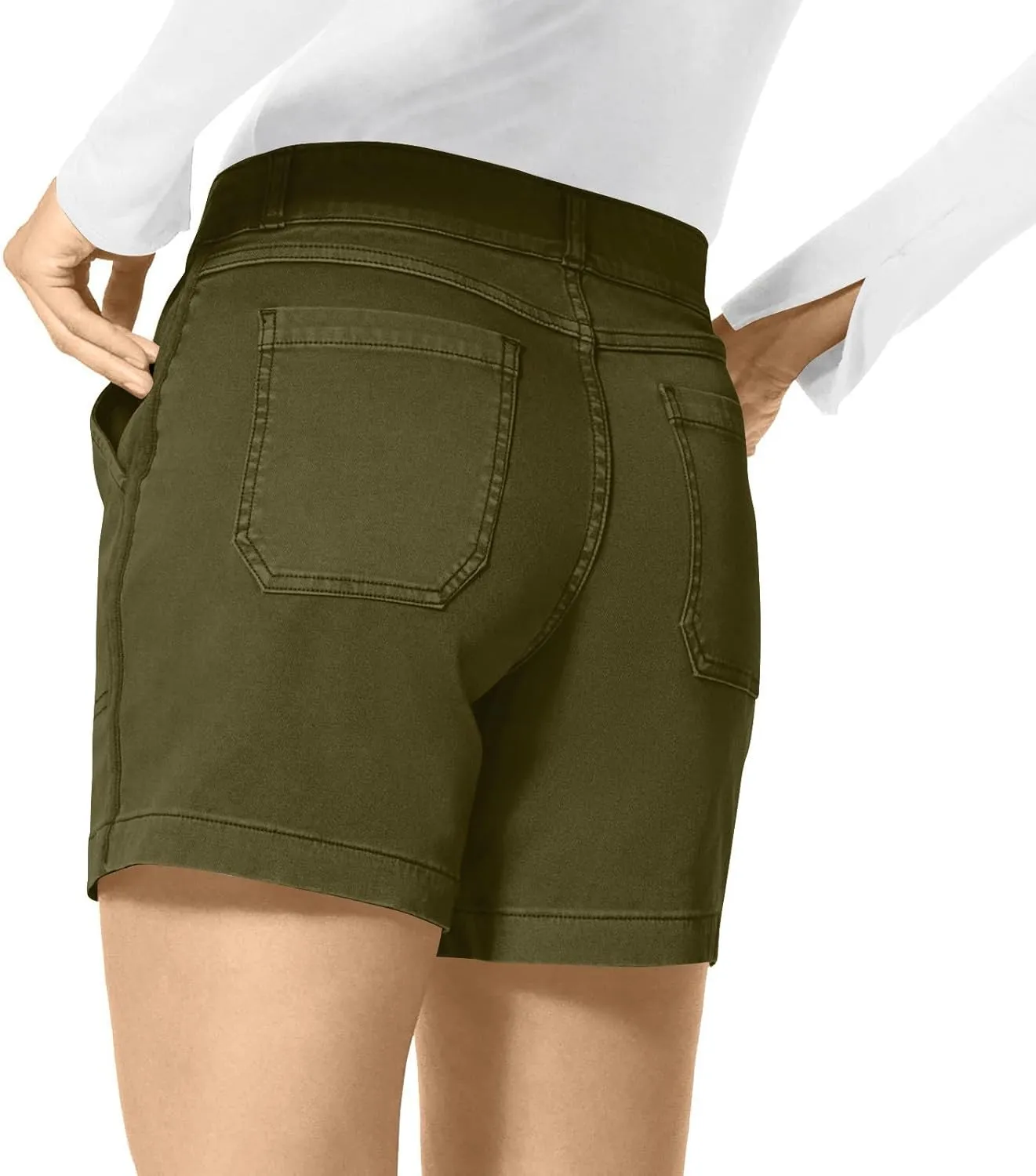 Womens Stretch Twill Shorts Summer Casual Elastic Waist Stretchy Jean Shorts Pull On Chino Denim Shorts with Pockets