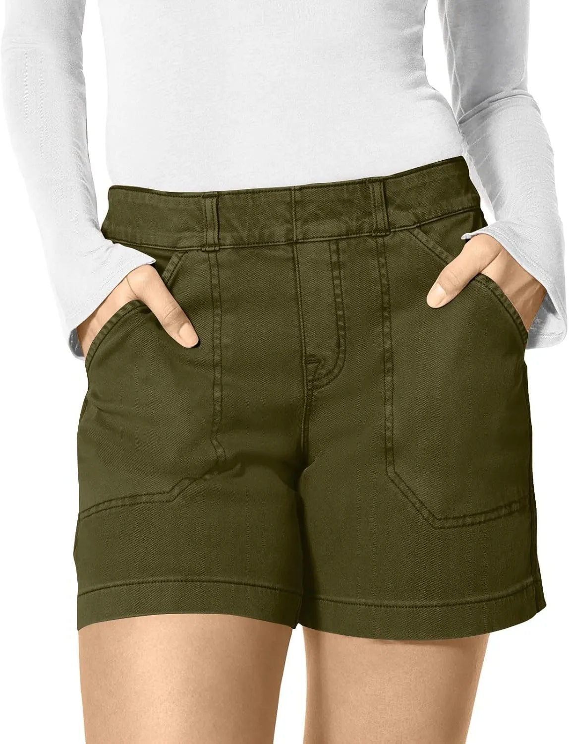 Womens Stretch Twill Shorts Summer Casual Elastic Waist Stretchy Jean Shorts Pull On Chino Denim Shorts with Pockets