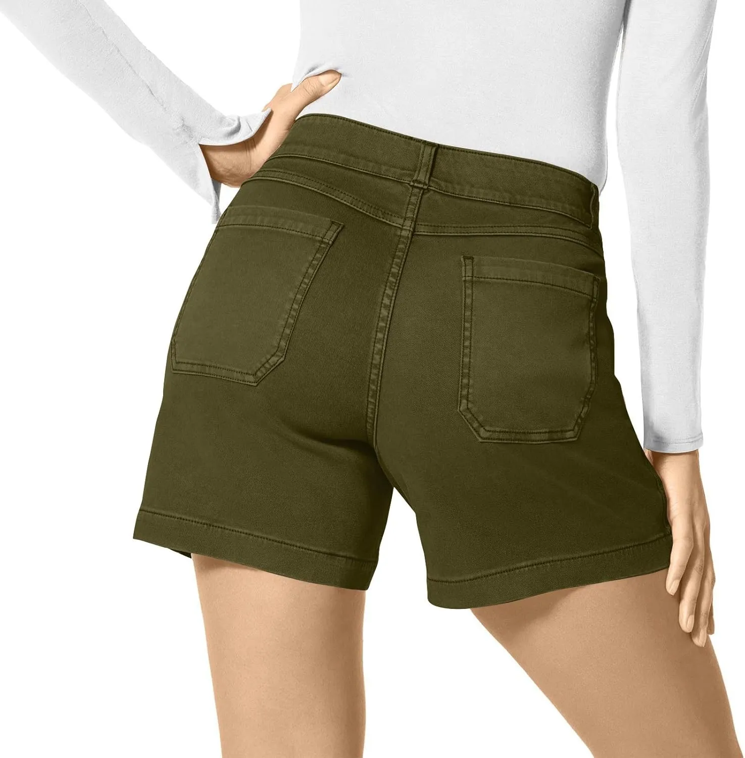 Womens Stretch Twill Shorts Summer Casual Elastic Waist Stretchy Jean Shorts Pull On Chino Denim Shorts with Pockets