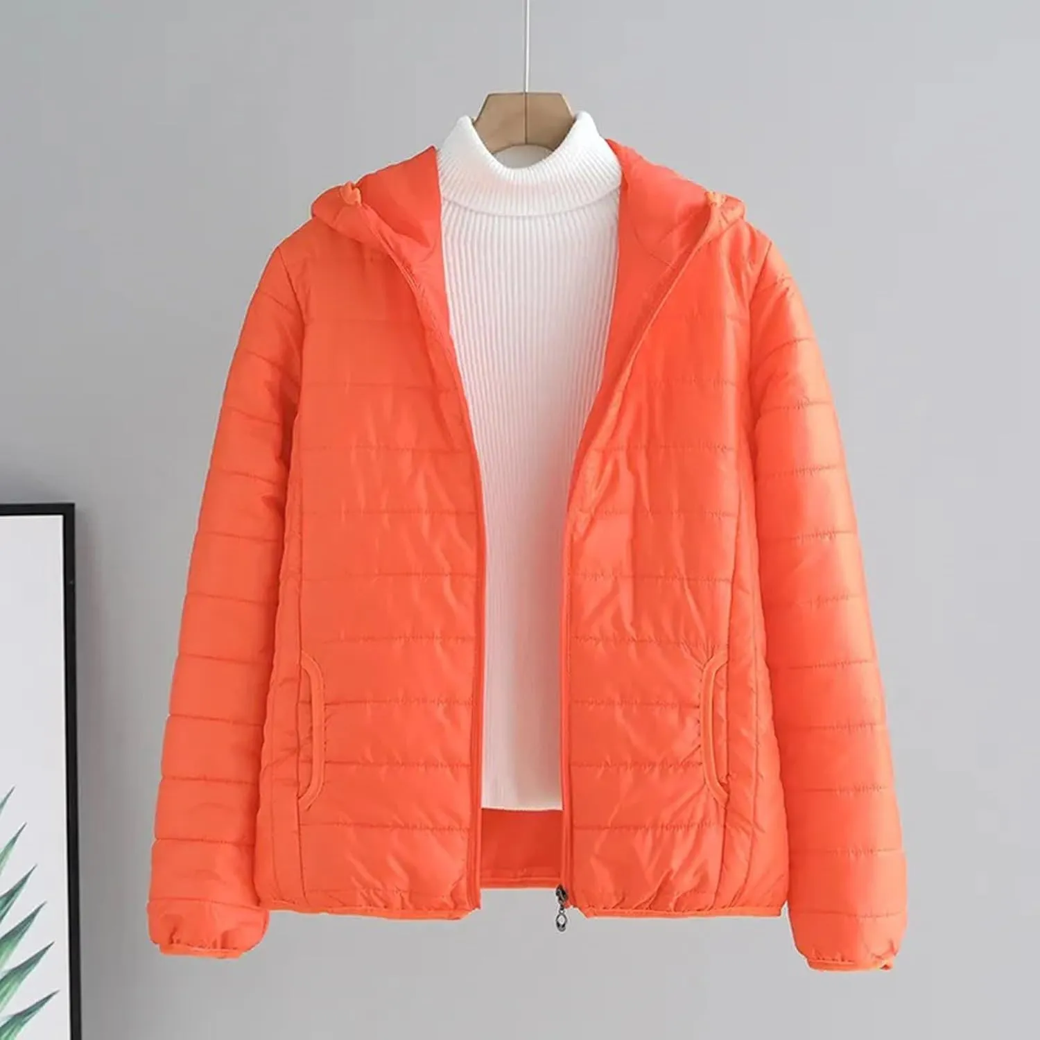 Womens Temperament Solid Hooded Quilted Puffer Coat Zip Up Long Sleeve Outwear Casual Loose Fit Overcoat with Pockets