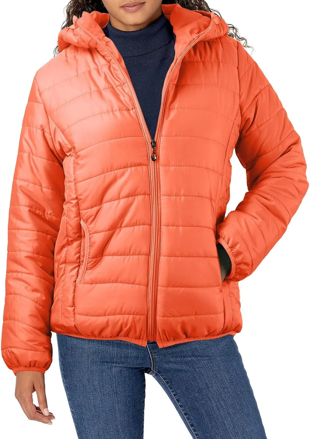 Womens Temperament Solid Hooded Quilted Puffer Coat Zip Up Long Sleeve Outwear Casual Loose Fit Overcoat with Pockets