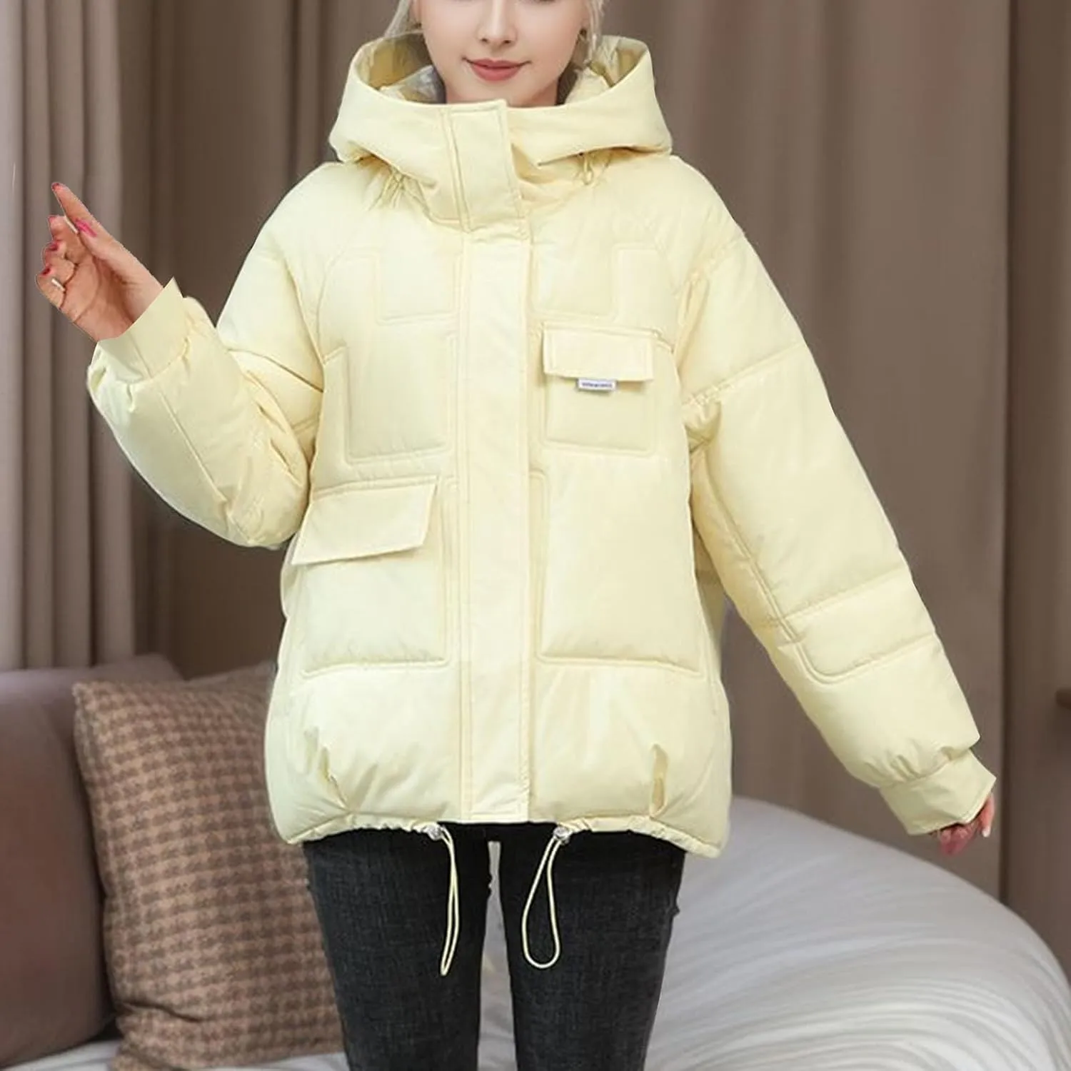 Women's Winter Coats Cropped Puffer Jackets Zip Up Stand Collar Padded Warm Trendy Short Down Jacket Outwear
