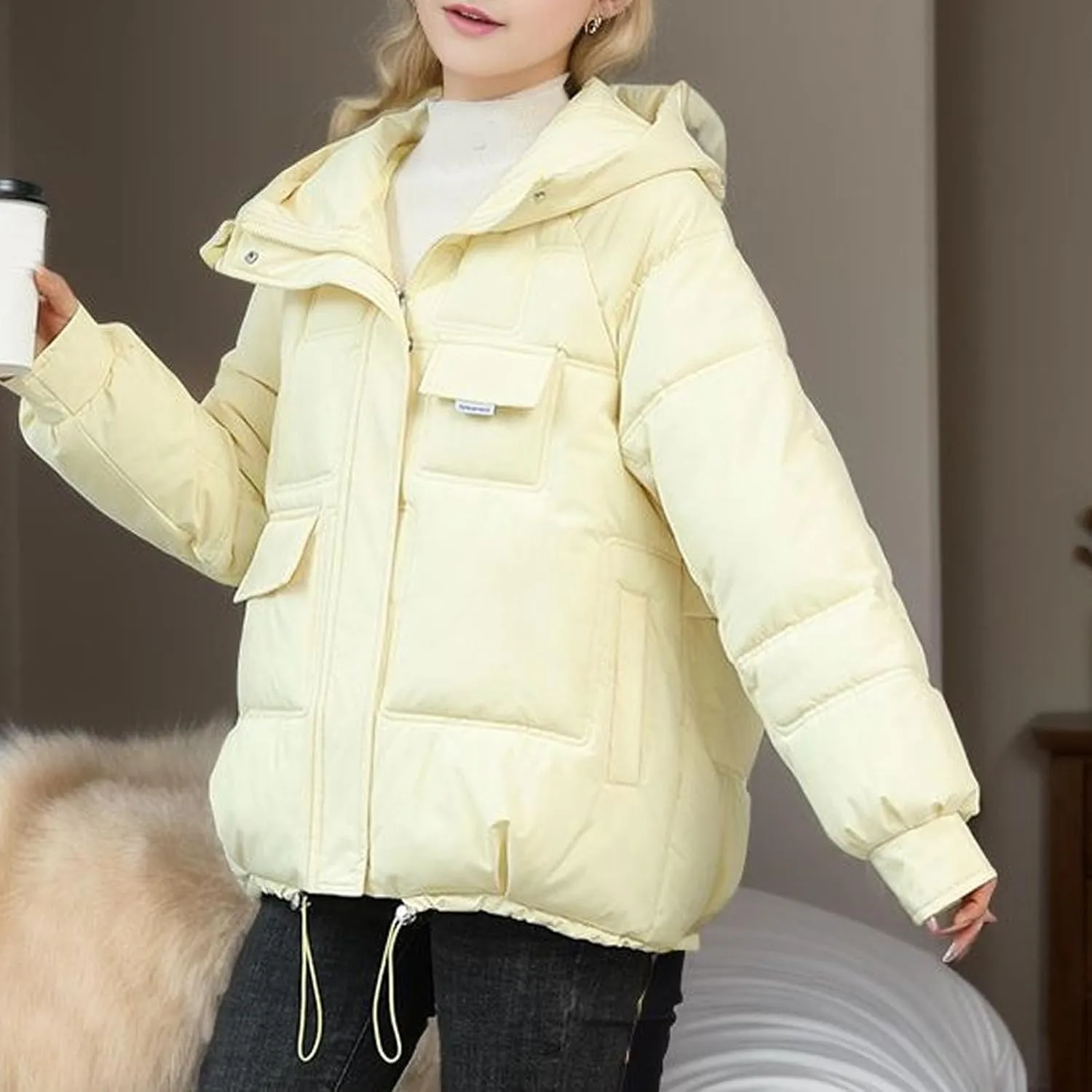 Women's Winter Coats Cropped Puffer Jackets Zip Up Stand Collar Padded Warm Trendy Short Down Jacket Outwear