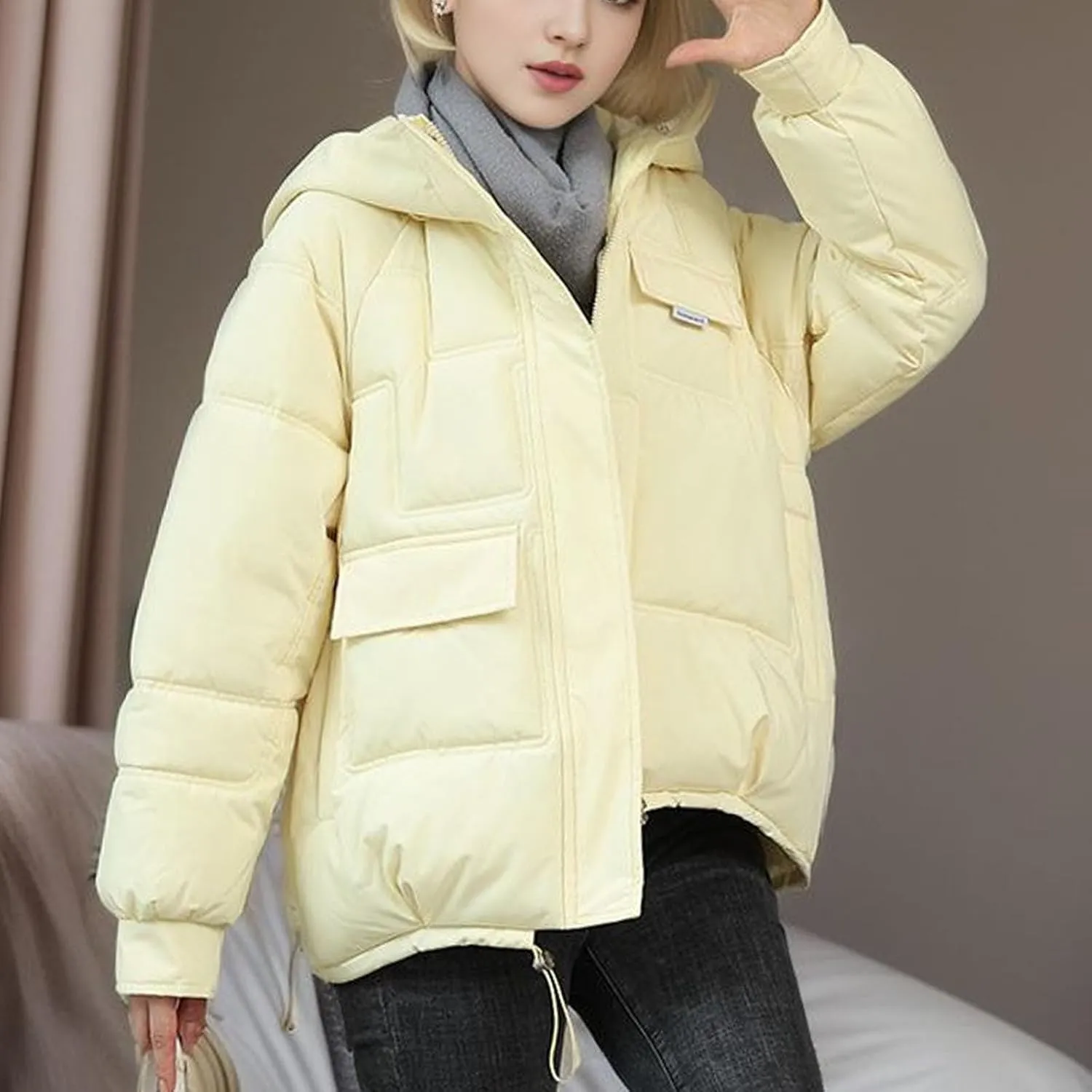 Women's Winter Coats Cropped Puffer Jackets Zip Up Stand Collar Padded Warm Trendy Short Down Jacket Outwear