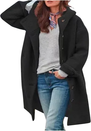 Womens Winter Coats Single Breasted Wool Blend Trench Coat Oversized Thicken Warm Overcoat Casual Loose Hooded Outwear
