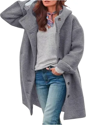 Womens Winter Coats Single Breasted Wool Blend Trench Coat Oversized Thicken Warm Overcoat Casual Loose Hooded Outwear