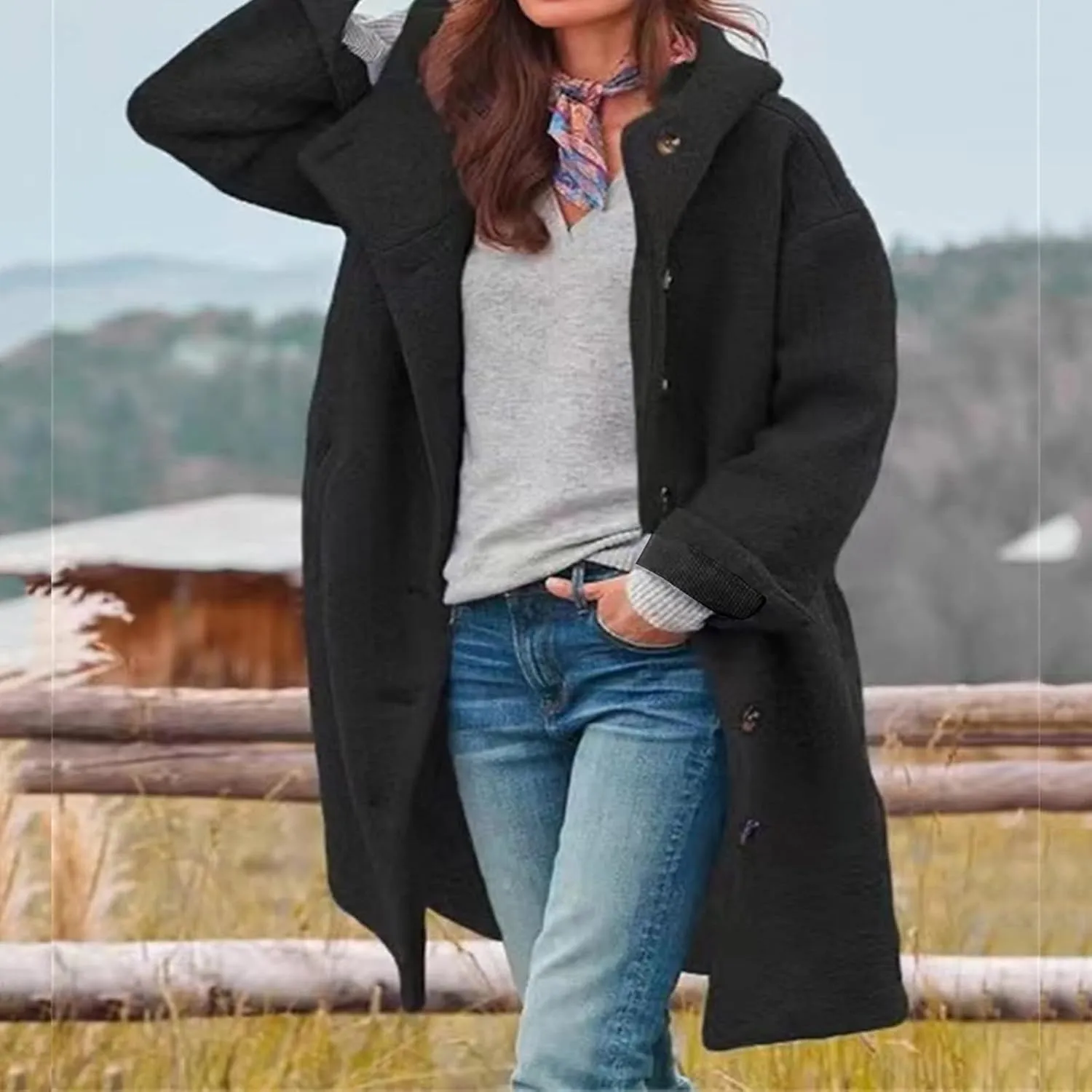 Womens Winter Coats Single Breasted Wool Blend Trench Coat Oversized Thicken Warm Overcoat Casual Loose Hooded Outwear
