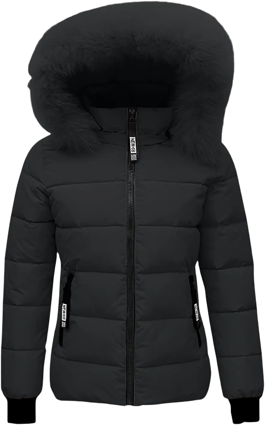 Women's Winter Down Jackets Quilted Puffer Coat Warm Faux Fur Trim Hood Slim Fit Outerwear with Side Zip Pockets