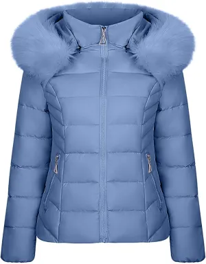 Women's Winter Jacket with Fur Hood Insulated Quilted Puffer Coat Women Solid Long Sleeve Winter Coat with Pockets