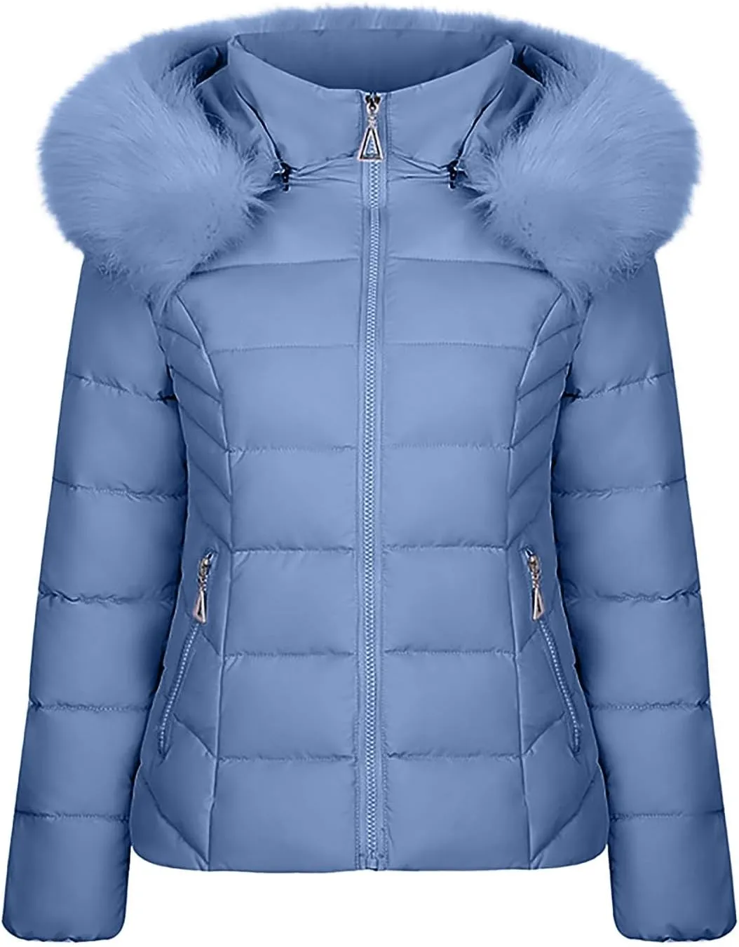 Women's Winter Jacket with Fur Hood Insulated Quilted Puffer Coat Women Solid Long Sleeve Winter Coat with Pockets
