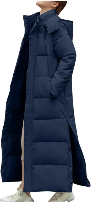Womens Winter Long Coats Warm Full Zip Hood Puffer Jackets Casual Fashion Thicken Thermal down Outerwear with Pockets
