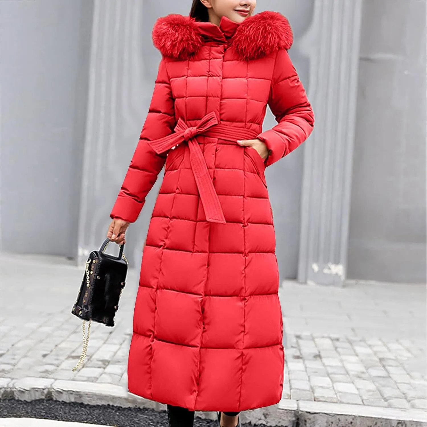 Womens Winter Outdoor Commuting Solid Long Puffer Coats with Belt Hooded Quilted Down Jackets Thicken Warm Slim Outwear