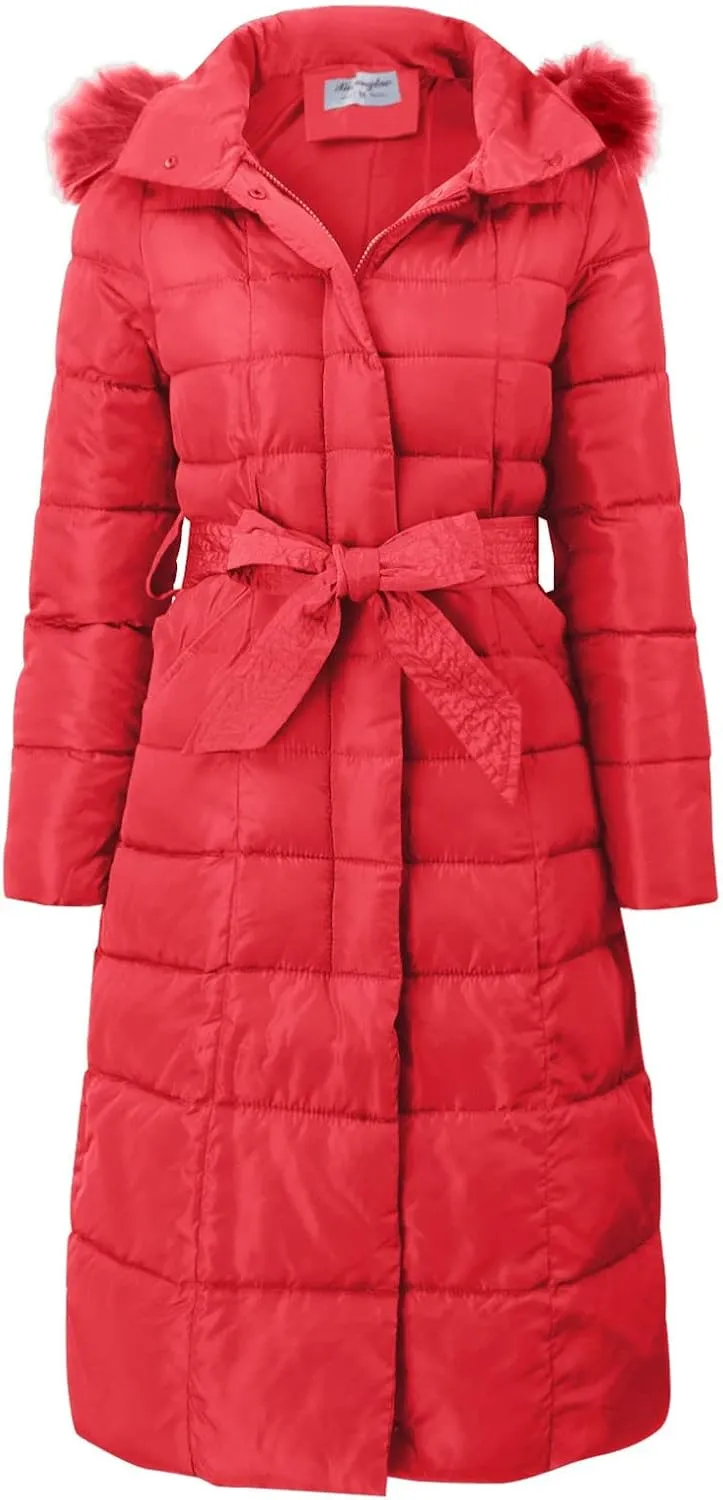 Womens Winter Outdoor Commuting Solid Long Puffer Coats with Belt Hooded Quilted Down Jackets Thicken Warm Slim Outwear