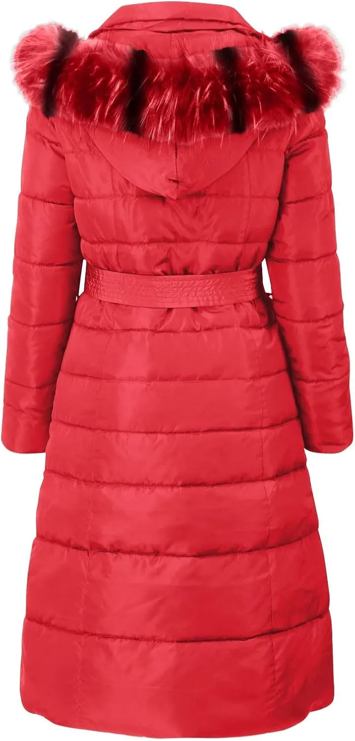 Womens Winter Outdoor Commuting Solid Long Puffer Coats with Belt Hooded Quilted Down Jackets Thicken Warm Slim Outwear