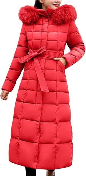 Womens Winter Outdoor Commuting Solid Long Puffer Coats with Belt Hooded Quilted Down Jackets Thicken Warm Slim Outwear