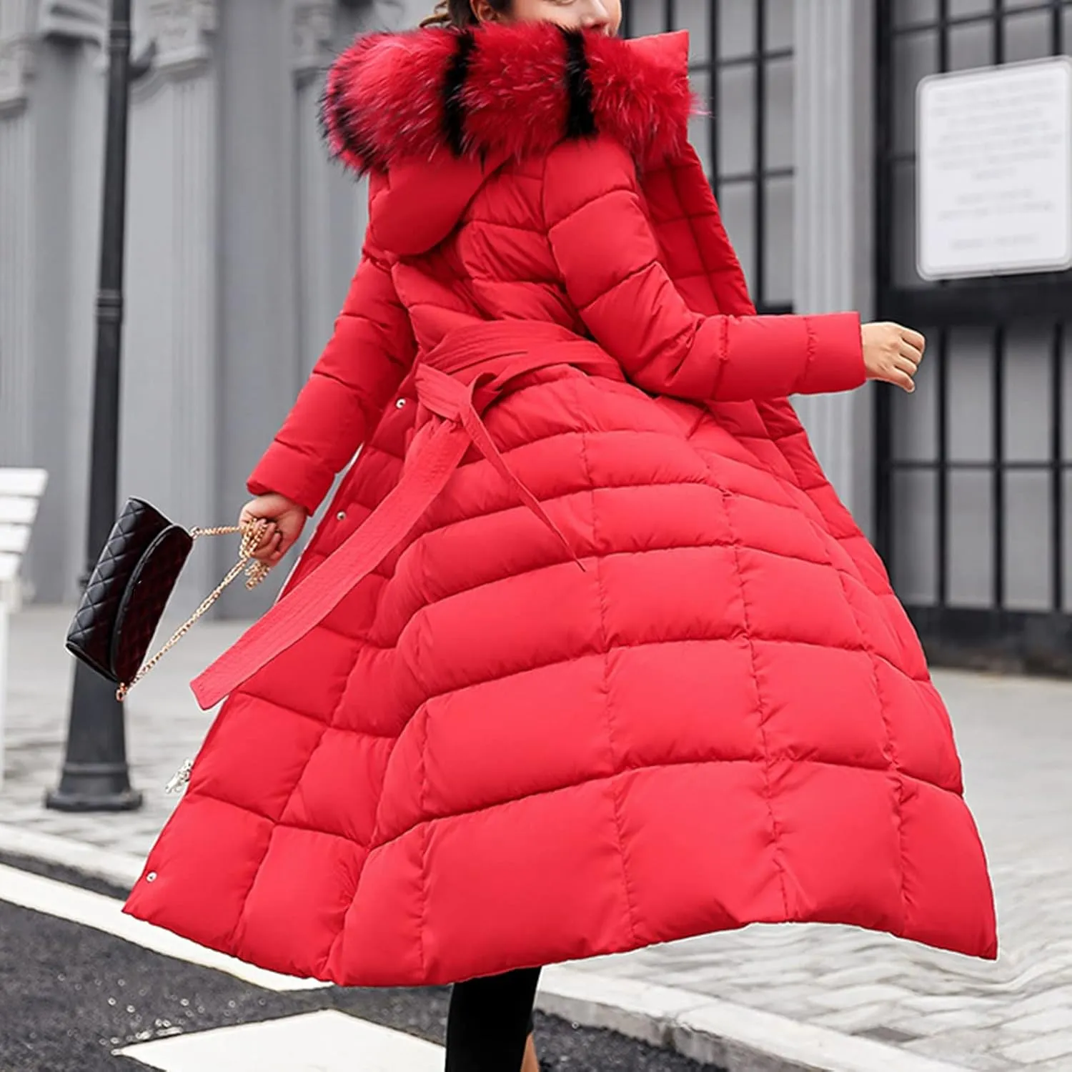 Womens Winter Outdoor Commuting Solid Long Puffer Coats with Belt Hooded Quilted Down Jackets Thicken Warm Slim Outwear