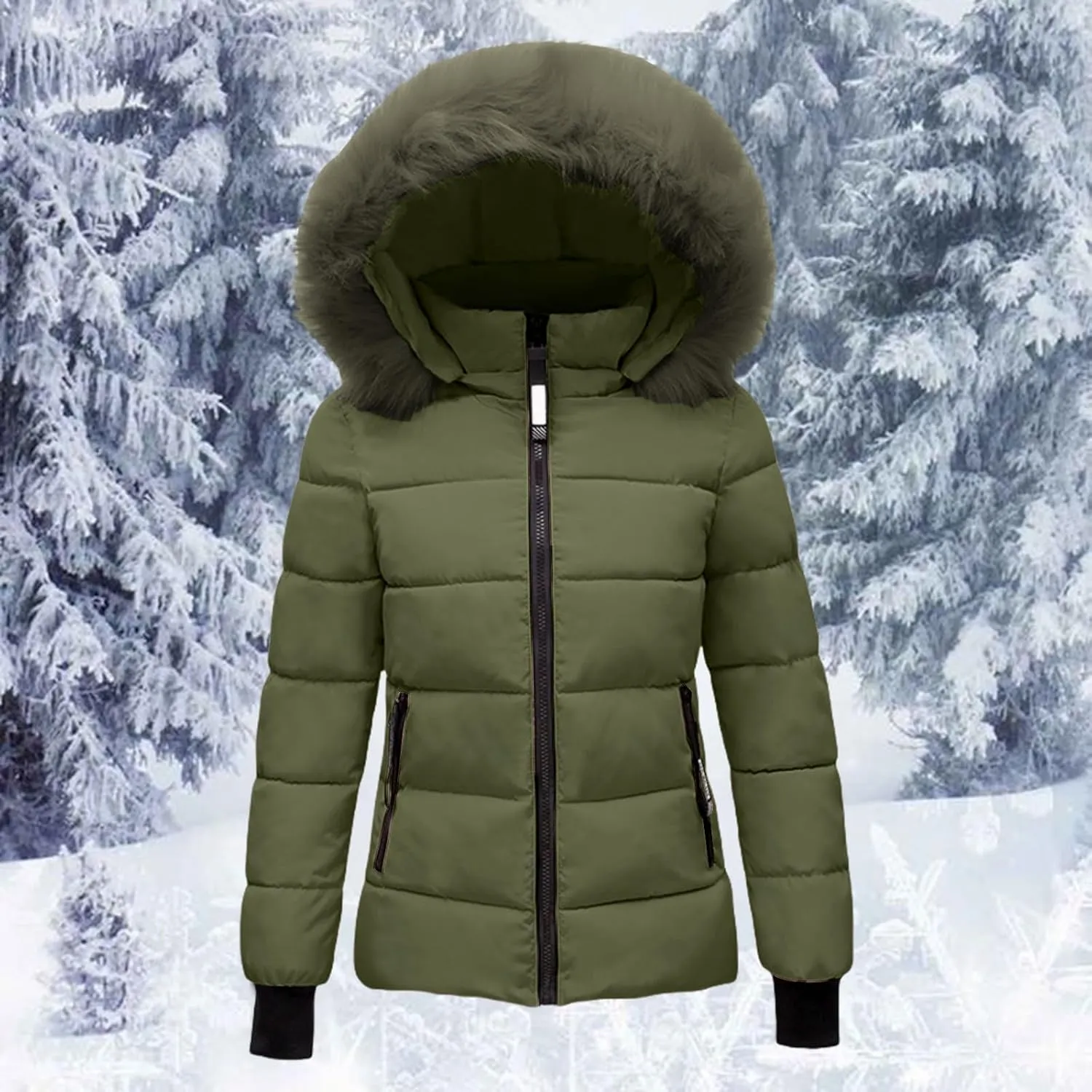 Women's Winter Puffer Coat Thicken Fleece Lined Down Jacket Waterproof Faux Fur Detachable Hooded Puffer Outwear Parka