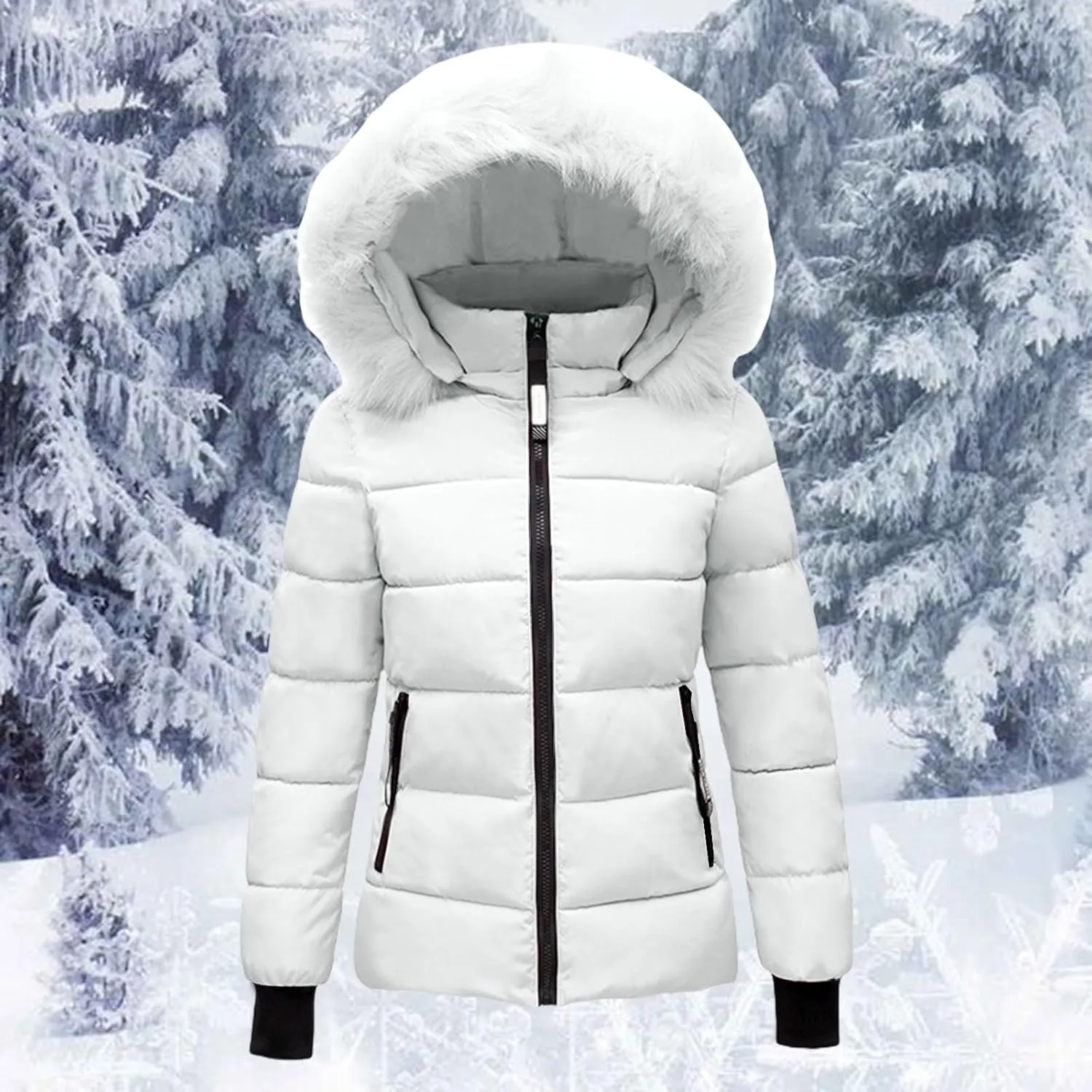 Women's Winter Puffer Coat Thicken Fleece Lined Down Jacket Waterproof Faux Fur Detachable Hooded Puffer Outwear Parka