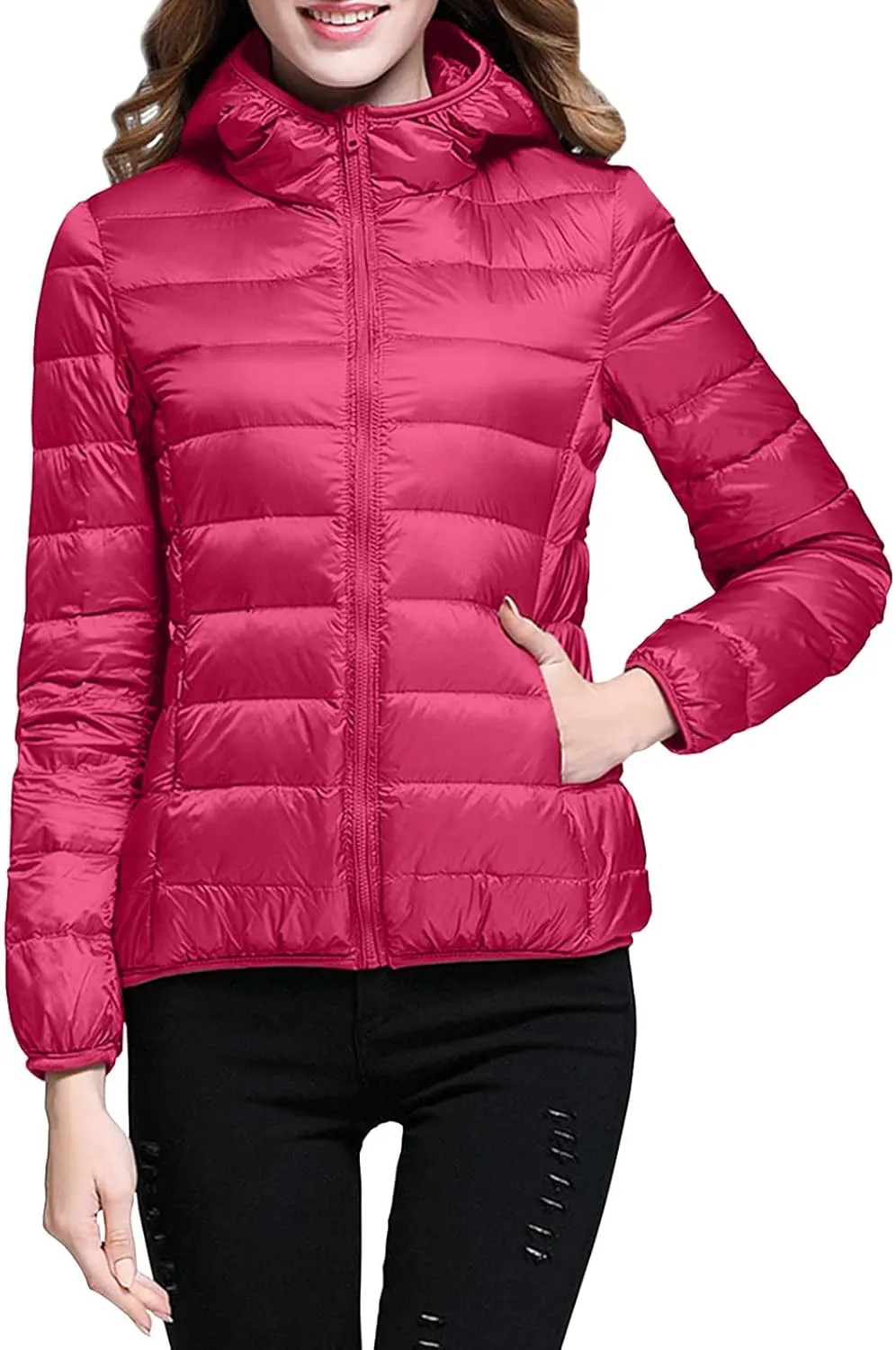 Womens Winter Quilted Jacket Slim Fit Short Down Jacket Cropped Warm Zip Puffer Coat Hooded Padded Puffer Coat