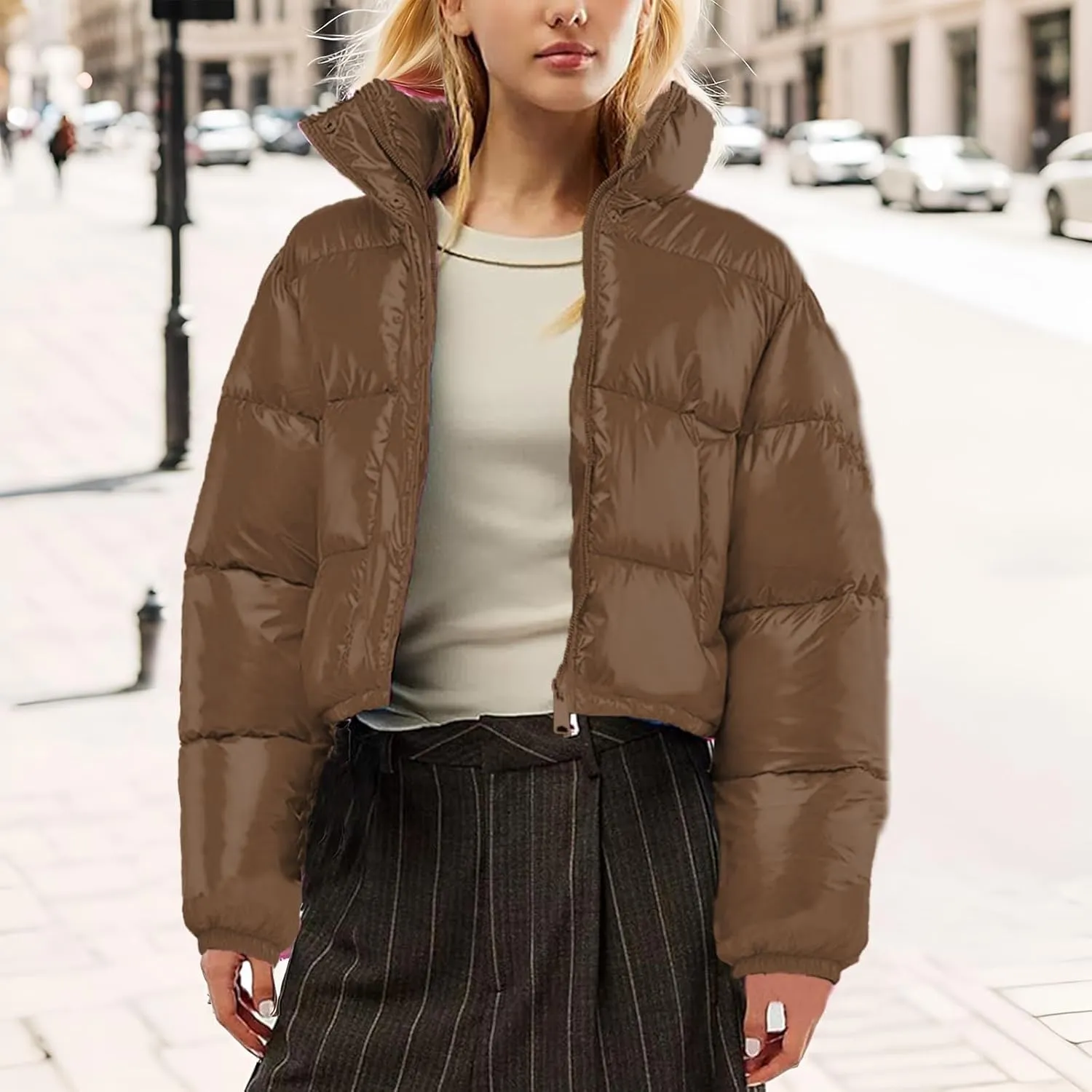 Women's Winter Warm Stand Collar Jackets Slim Fit Cropped Puffer Down Coats Casual Stylish Winter Outerwear