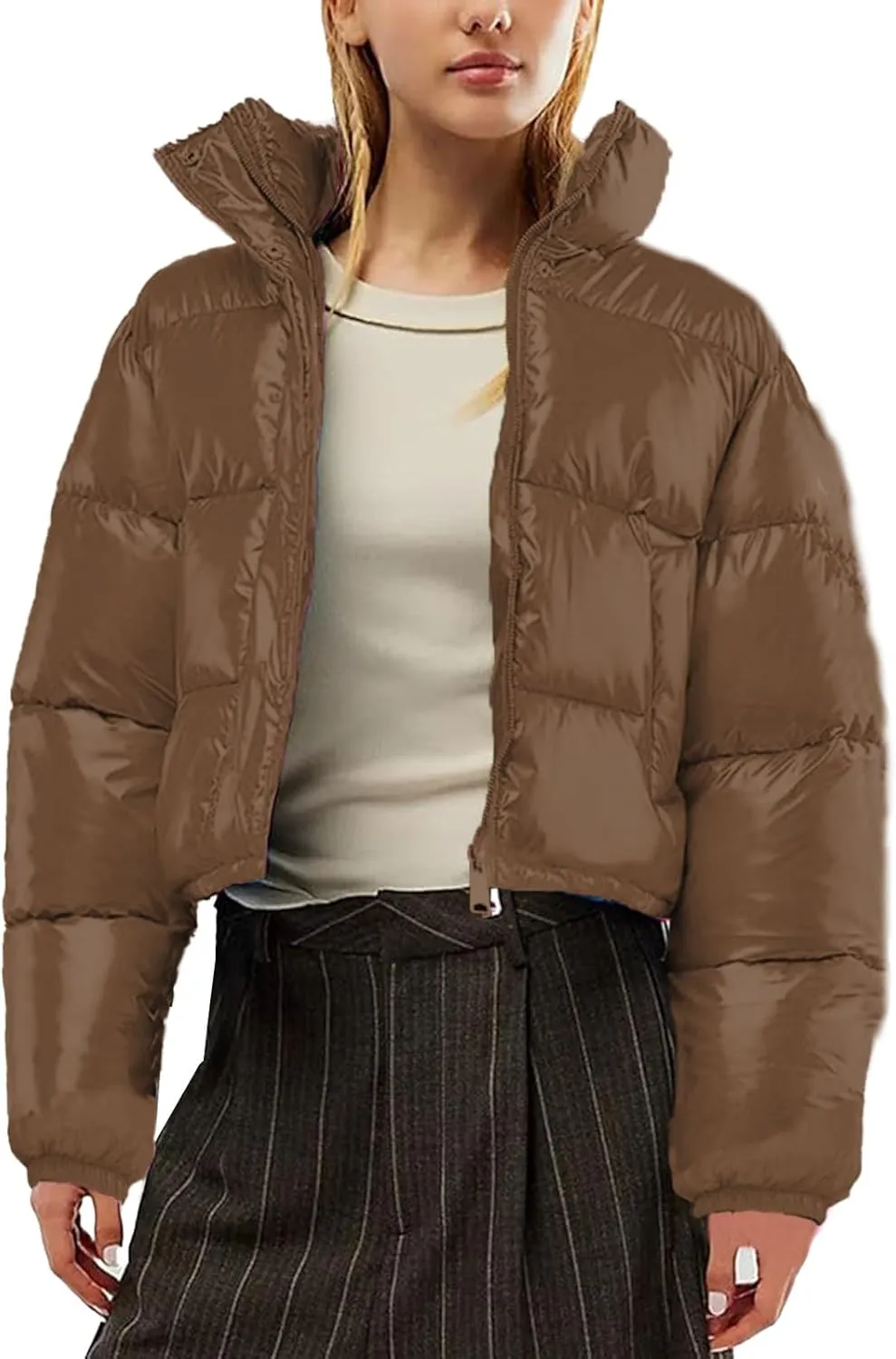 Women's Winter Warm Stand Collar Jackets Slim Fit Cropped Puffer Down Coats Casual Stylish Winter Outerwear