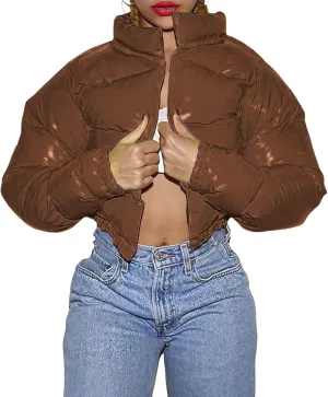 Women's Winter Warm Stand Collar Jackets Slim Fit Cropped Puffer Down Coats Casual Stylish Winter Outerwear