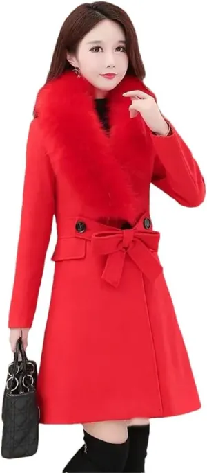 Women's Winter Woolen Coat Fur Collar Wool Blends Jackets Female Windbreakers Outerwear Mujer Coat
