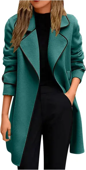 YRAETENM Women's Trench Coats Elegant Lapel Collar Wool Blend Midi-Long Pea Coat Casual Belted Coats Long Jacket Outerwear