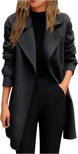 YRAETENM Women's Trench Coats Elegant Lapel Collar Wool Blend Midi-Long Pea Coat Casual Belted Coats Long Jacket Outerwear