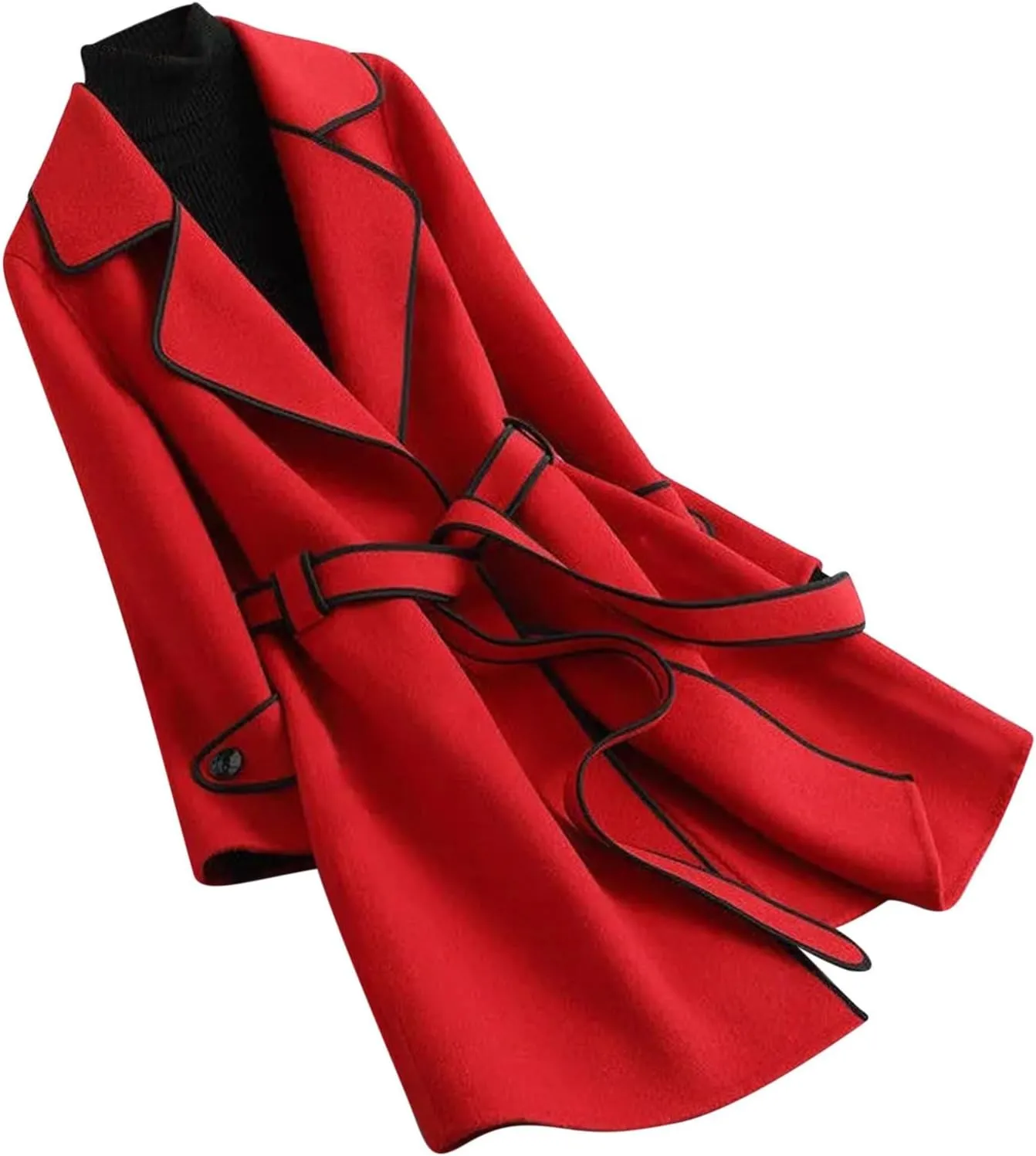 YRAETENM Women's Trench Coats Elegant Lapel Collar Wool Blend Midi-Long Pea Coat Casual Belted Coats Long Jacket Outerwear