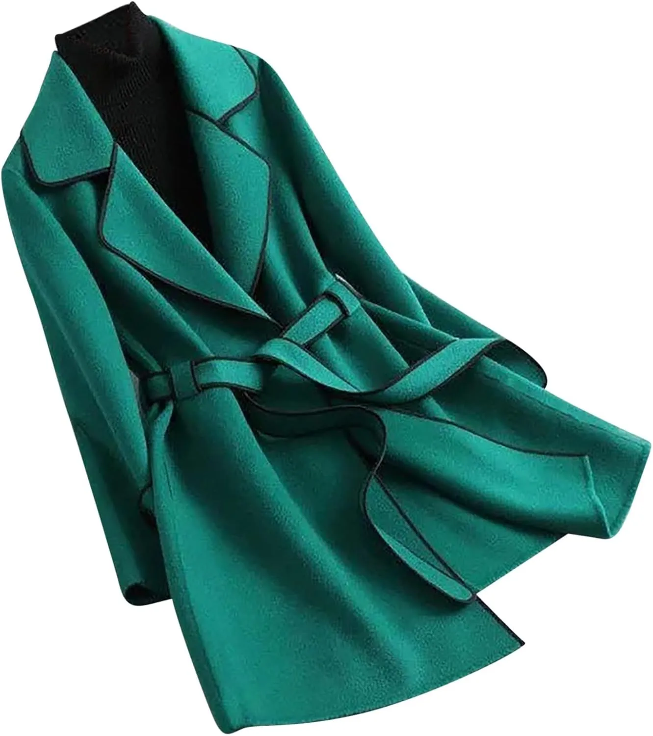 YRAETENM Women's Trench Coats Elegant Lapel Collar Wool Blend Midi-Long Pea Coat Casual Belted Coats Long Jacket Outerwear
