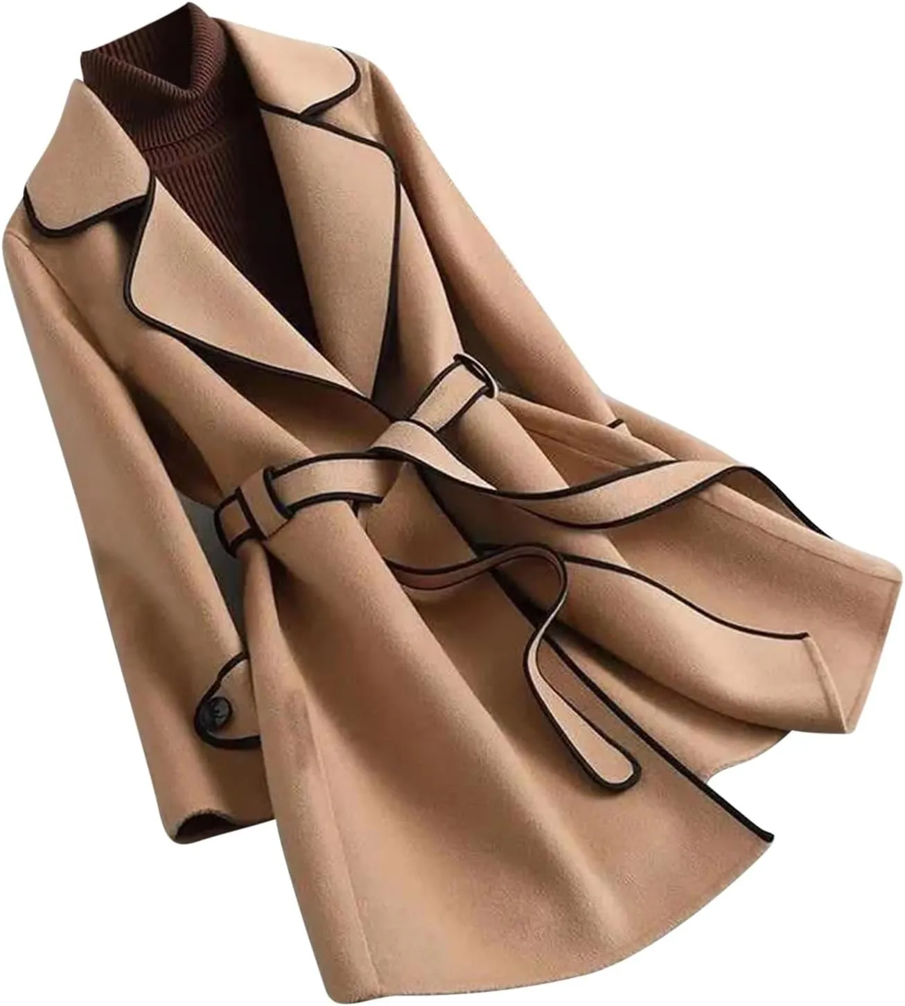 YRAETENM Women's Trench Coats Elegant Lapel Collar Wool Blend Midi-Long Pea Coat Casual Belted Coats Long Jacket Outerwear