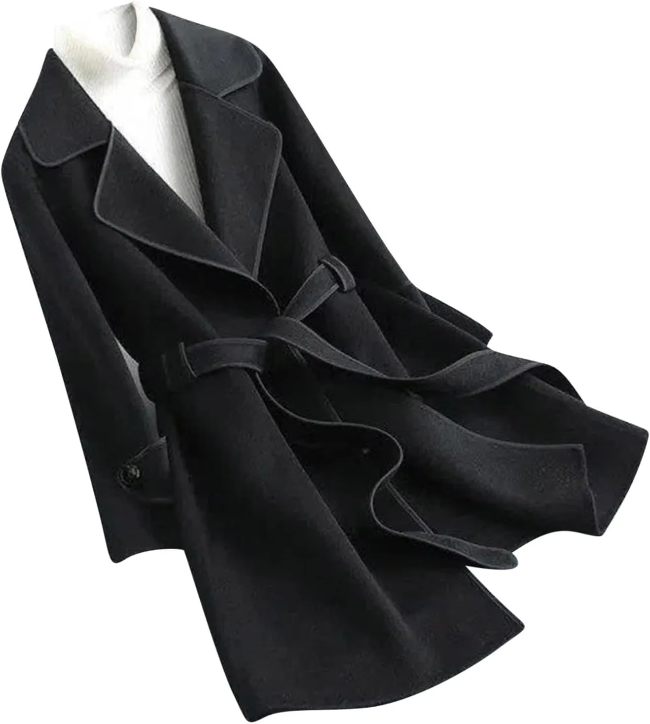YRAETENM Women's Trench Coats Elegant Lapel Collar Wool Blend Midi-Long Pea Coat Casual Belted Coats Long Jacket Outerwear