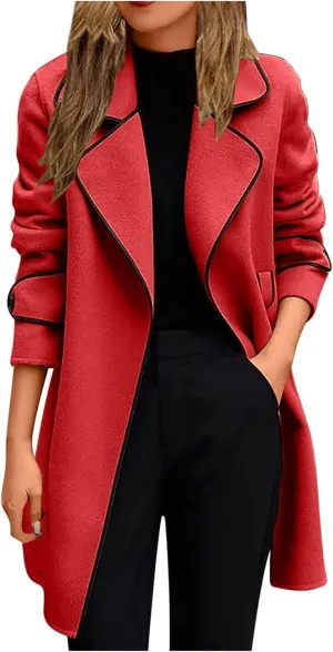 YRAETENM Women's Trench Coats Elegant Lapel Collar Wool Blend Midi-Long Pea Coat Casual Belted Coats Long Jacket Outerwear