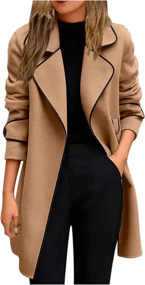 YRAETENM Women's Trench Coats Elegant Lapel Collar Wool Blend Midi-Long Pea Coat Casual Belted Coats Long Jacket Outerwear