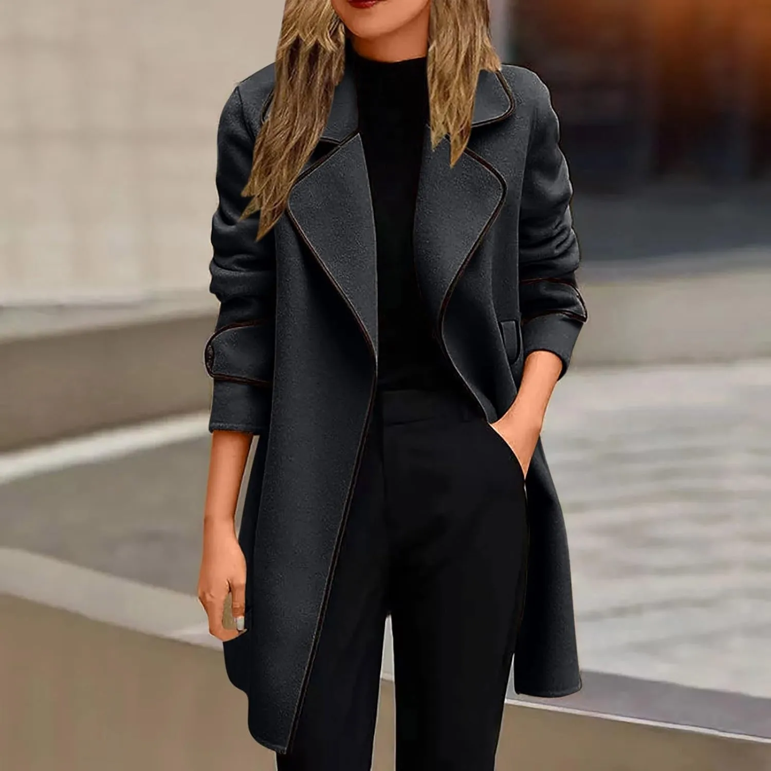 YRAETENM Women's Trench Coats Elegant Lapel Collar Wool Blend Midi-Long Pea Coat Casual Belted Coats Long Jacket Outerwear