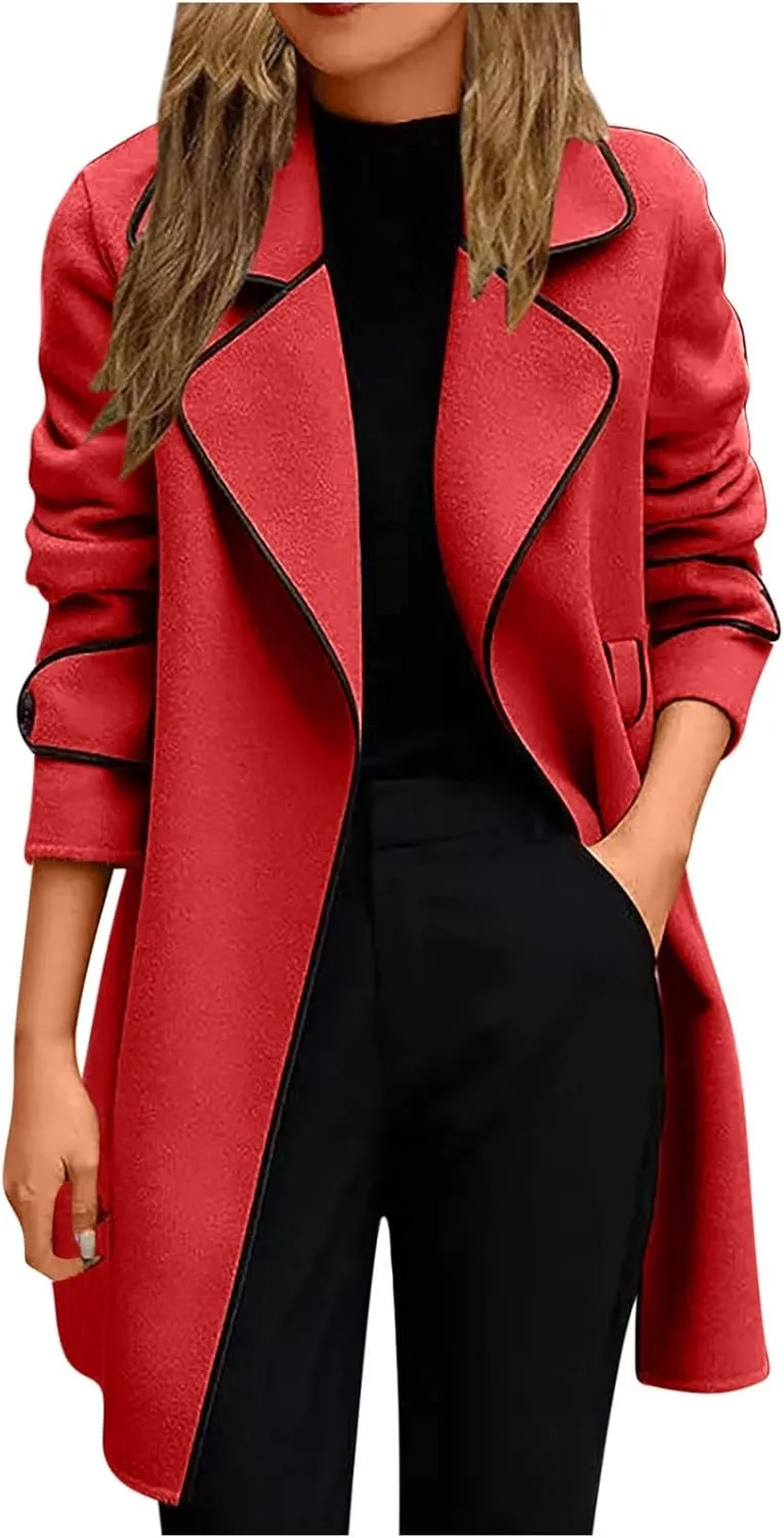 YRAETENM Women's Trench Coats Elegant Lapel Collar Wool Blend Midi-Long Pea Coat Casual Belted Coats Long Jacket Outerwear