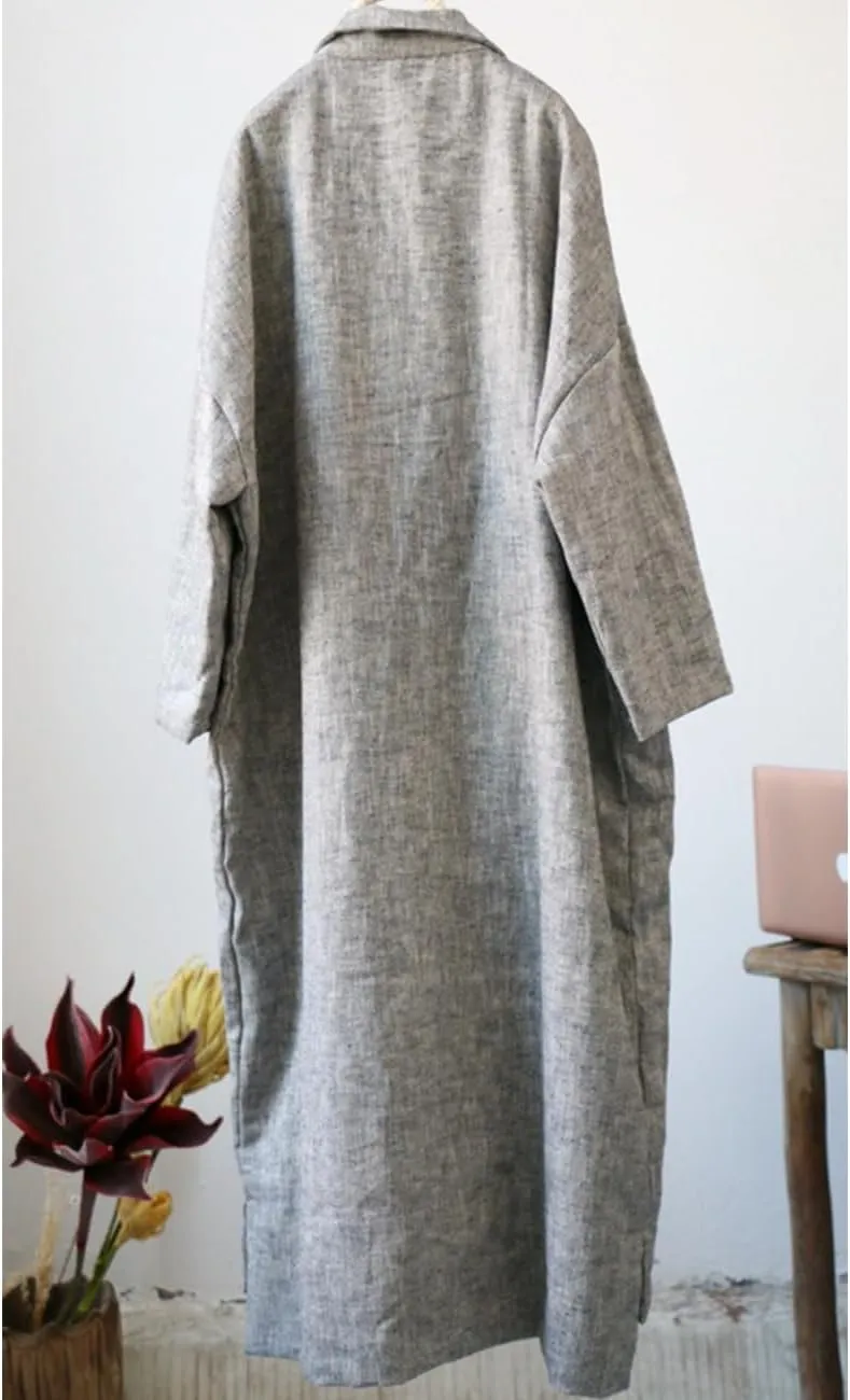 Ystylee Women Linen Trench Coats Button Down Lapel Collar Side Slit Long Kimono Jackets with Pockets